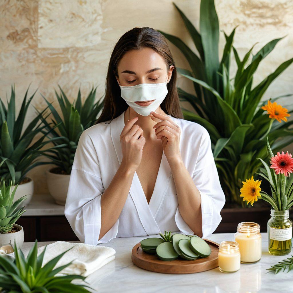 A serene beauty ritual scene featuring a woman surrounded by lush organic ingredients like aloe vera, flowers, and essential oils. She is applying a natural face mask with a peaceful expression, sunlight filtering through the leaves, creating a soft glow. Delicate glass containers and lush greenery enhance the elegance of the setting. The color palette is soft and earthy, evoking a sense of tranquility and organic luxury. super-realistic. soft color tones. vibrant greenery.