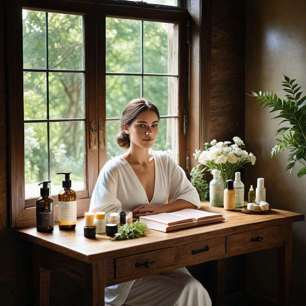 A serene beauty sanctuary featuring a diverse range of natural skincare products from Aloette, arranged gracefully on a wooden vanity. Fresh flowers and greenery surround the products, illuminating the soft, glowing skin of a model applying makeup. Sunlight filters through a window, casting a warm, inviting glow, evoking a sense of holistic beauty and wellness. super-realistic. vibrant colors. soft focus.