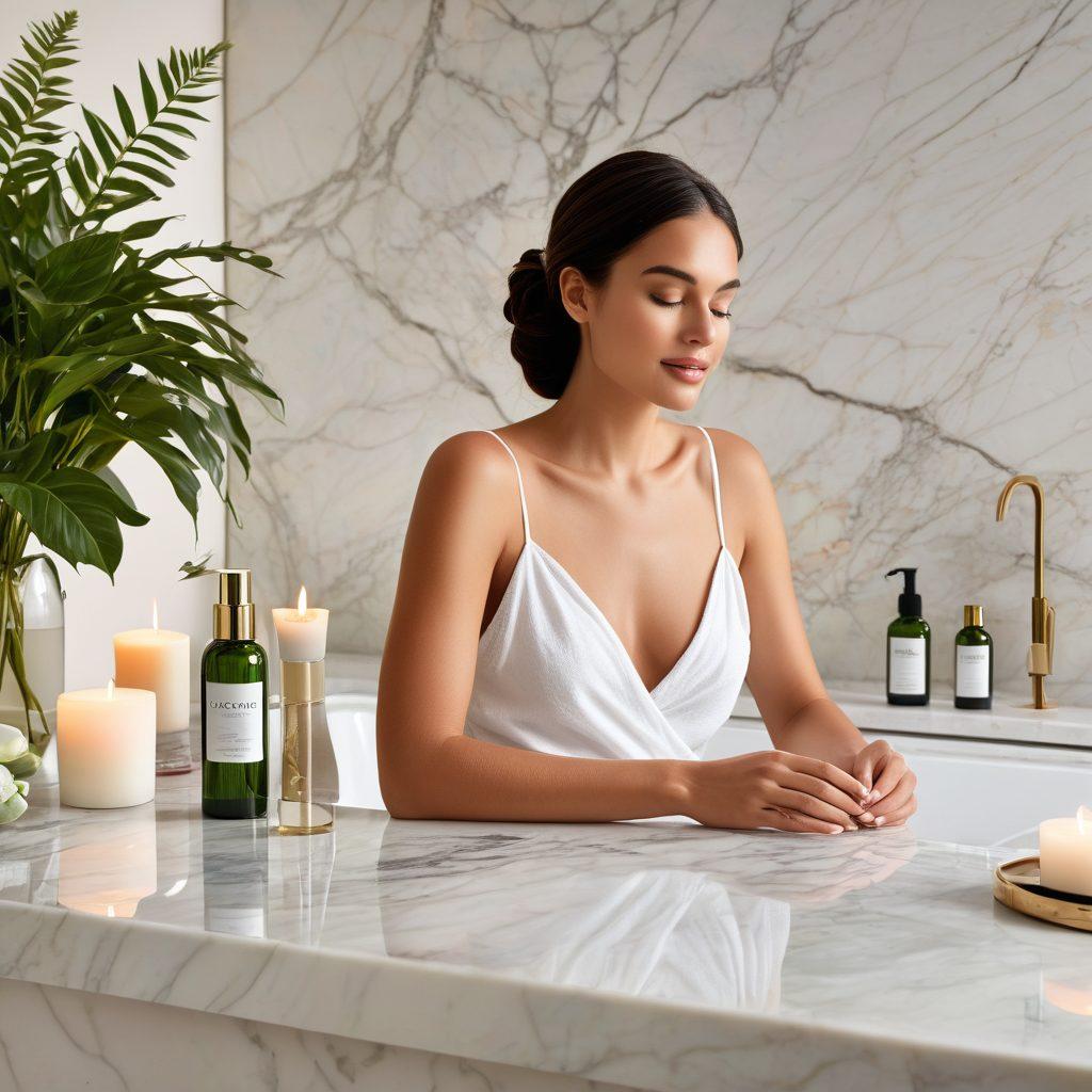 A serene spa setting featuring a collection of Aloette skincare products elegantly arranged on a marble countertop, surrounded by lush green plants and soft candlelight. Include a model with glowing skin, enjoying a skincare routine, embodying the essence of holistic beauty. The background should be softly blurred to emphasize the products. natural, elegant, tranquil vibe. super-realistic. vibrant colors.